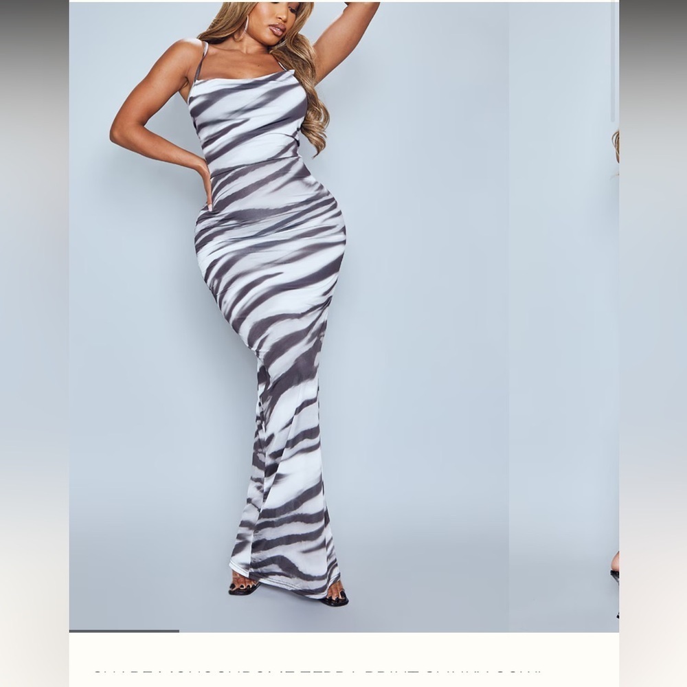 SHAPE MONOCHROME ZEBRA PRINT SLINKY COWL NECK MAXI DRESS size 4